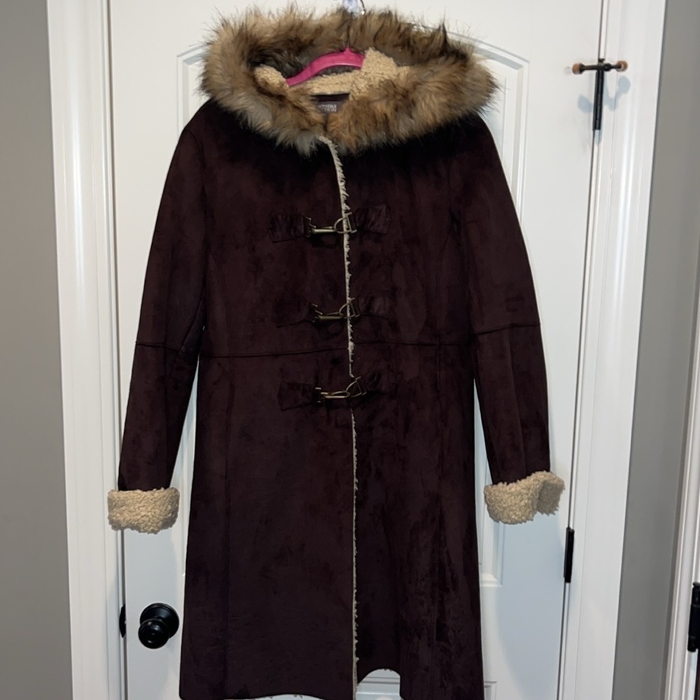 Boho faux brown suede penny lane style hooded coat  lined faux fur hippie L